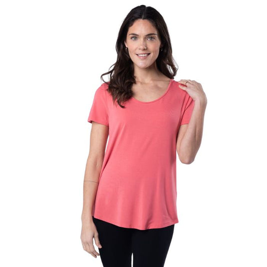 Brenda U-neck t-shirt coral pink front view of top on model
