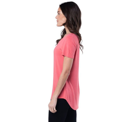 Brenda U-neck t-shirt top coral pink top only side view on model