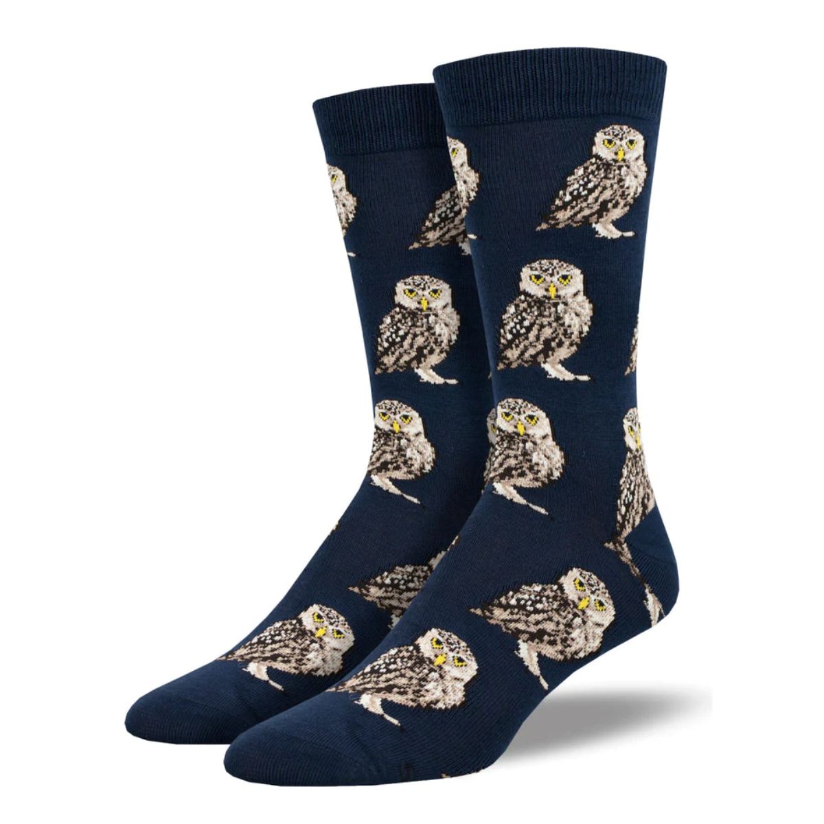 burrowing owls socks a pair of navy blue crew socks with owl print