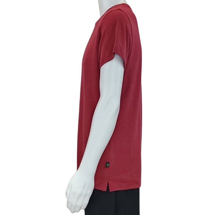 Charlie crew neck t-shirt burgundy red side view of top on mannequin