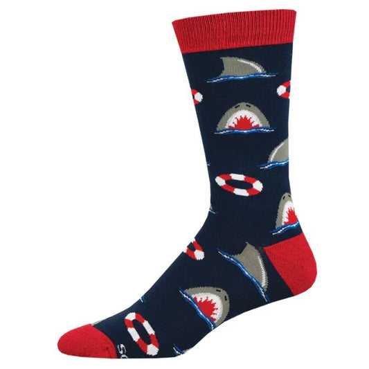 chumming the water sock blue crew sock with shark and life ring print