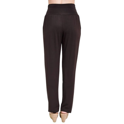 bottom of female model wearing coffee brown clair pants back view on white background