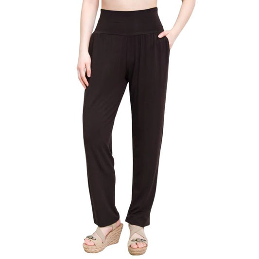 bottom of female model wearing coffee brown clair pants front view on white background