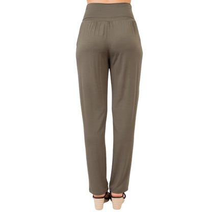 bottom of female model wearing khaki green clair pants back view on white background