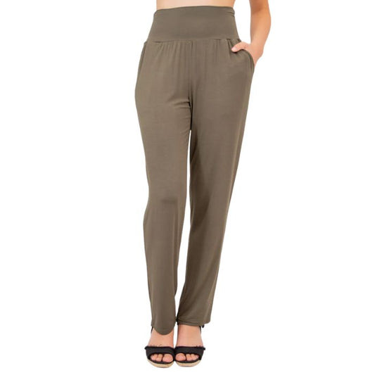 bottom of female model wearing khaki green clair pants front view on white background