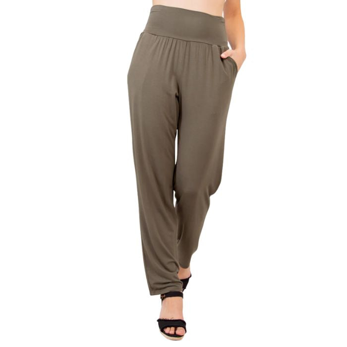 bottom of female model wearing khaki green clair pants front view on white background