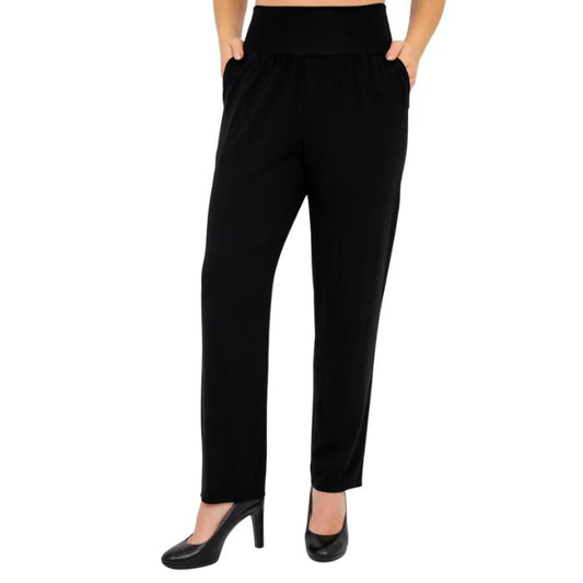 bottom of female model wearing black clair petite pants front view on white background