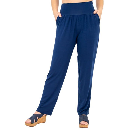 bottom of female model wearing indigo blue clair petite pants side view on white background