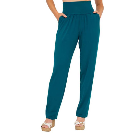 bottom of female model wearing teal green clair pants front view on white background
