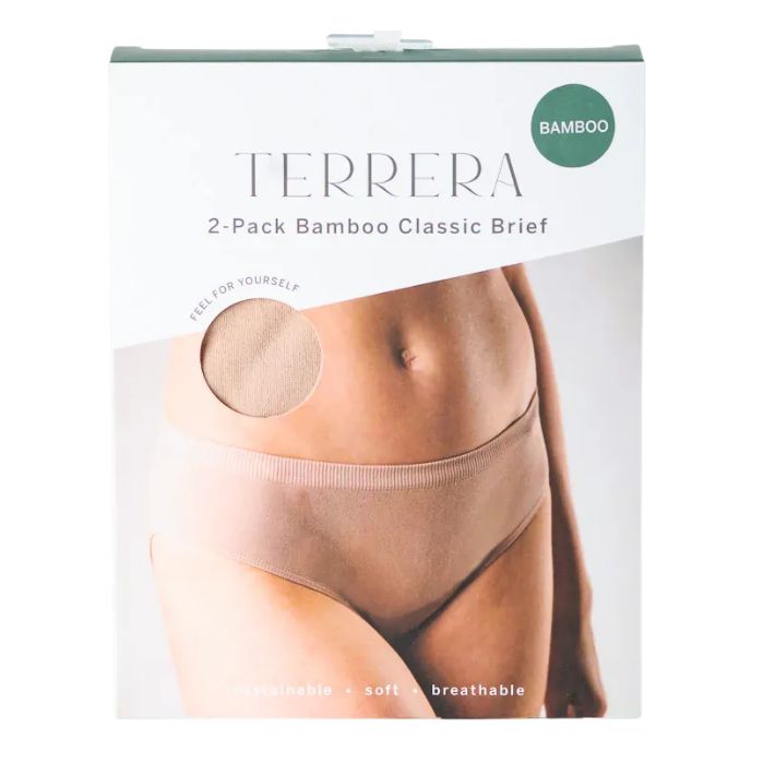 beige brown classic cut panties package front view on white background