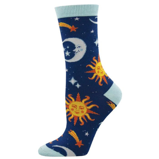Clear Skies Sock navy blue sock with sun, moon and stars print