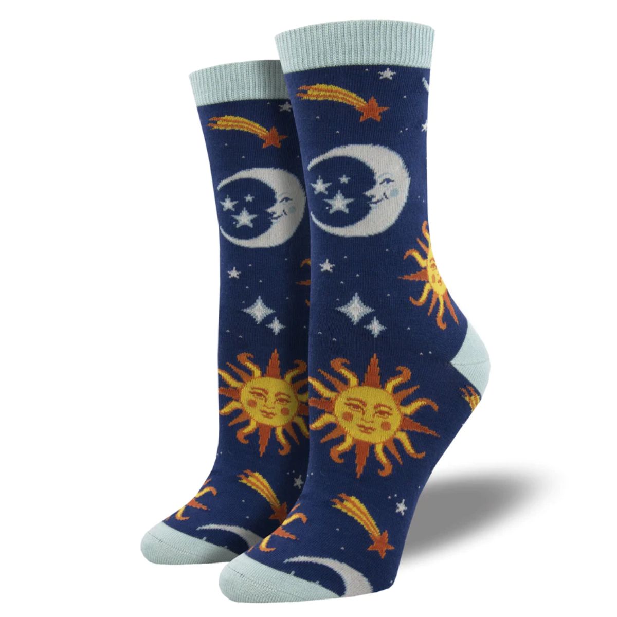 Clear Skies Socks a pair of navy blue socks with sun, moon and stars print