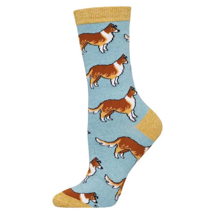 collies sock light blue crew sock with collie dog print