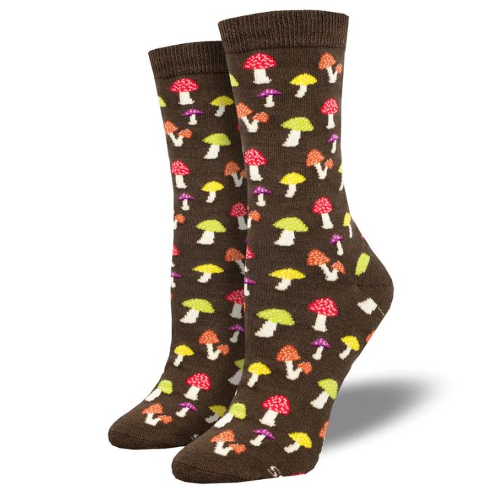 Colorful caps socks a pair of brown socks with mushroom print. 
