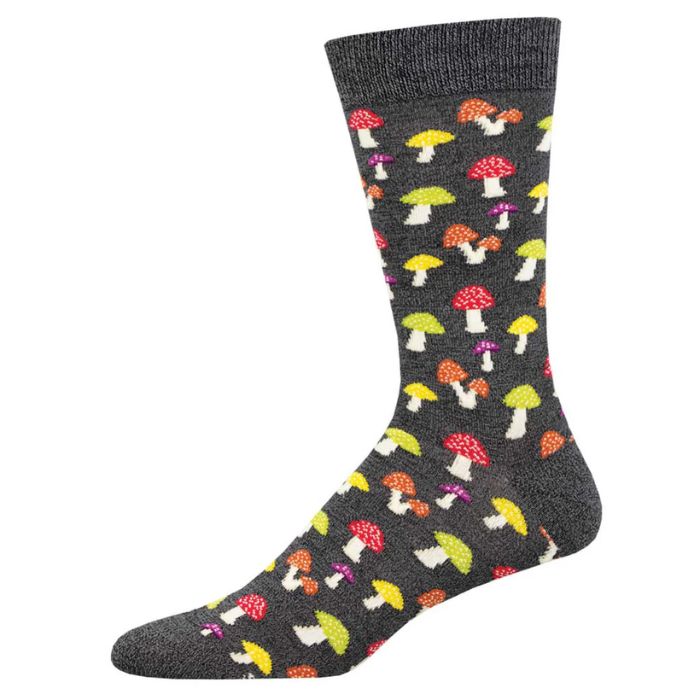 Colorful caps sock charcoal grey sock with colorful mushroom print. 