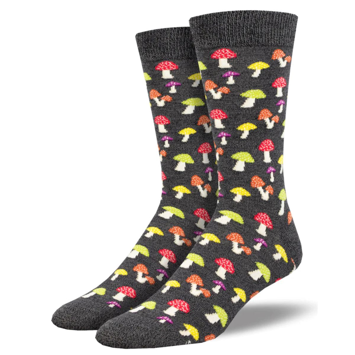Colorful caps socks a pair of charcoal heather grey socks with  mushroom print. 