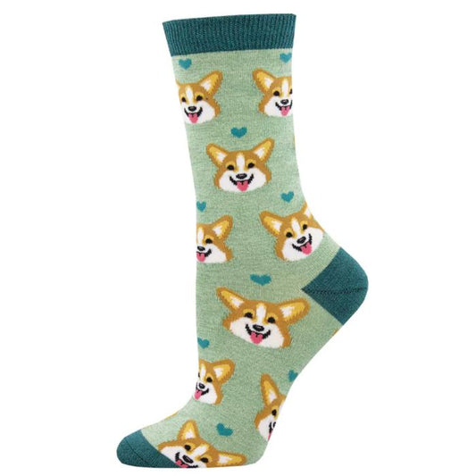 Corgi face sock light green crew sock with corgi dog face print