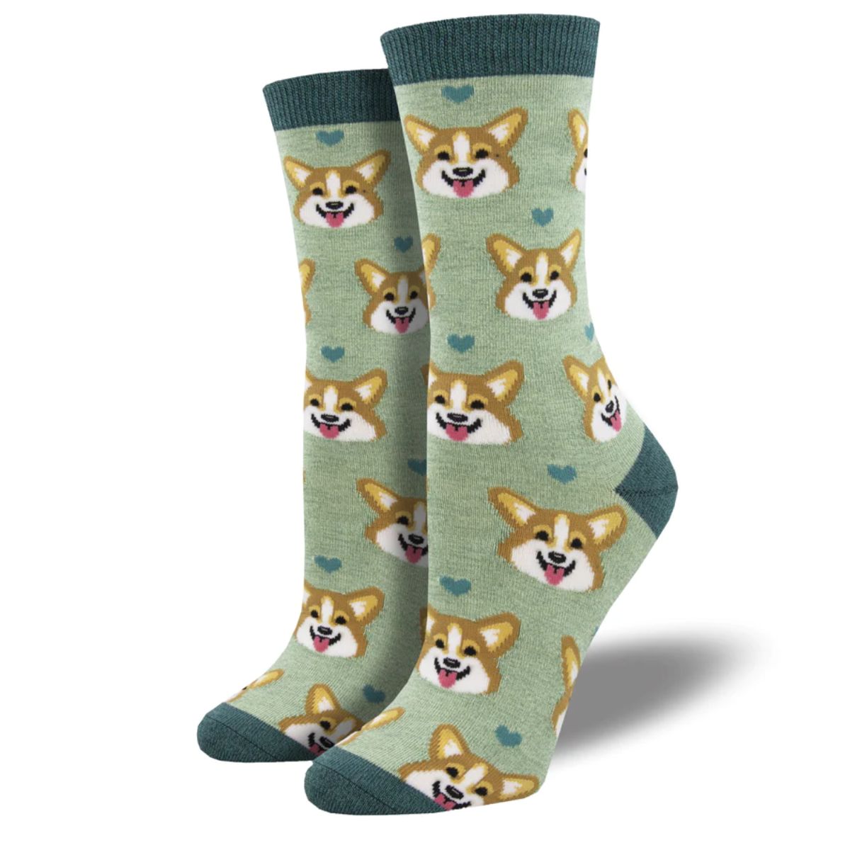 Corgi face socks a pair of light green crew socks with corgi dog face print