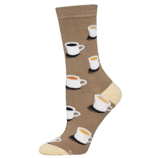 cup of joe sock brown crew sock with mugs of coffee print