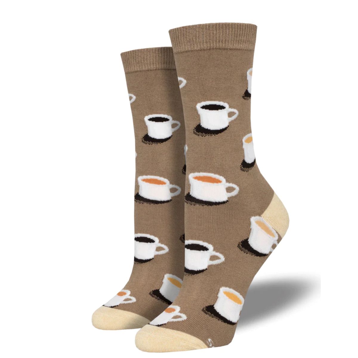 cup of joe socks a pair of brown crew socks with mug of coffee print