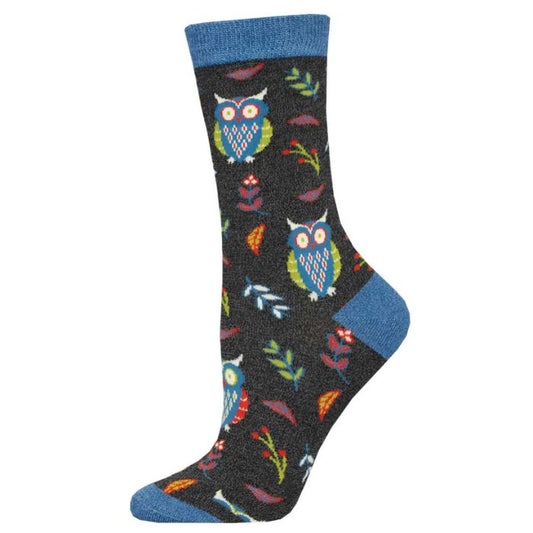 Cute hoot sock charcoal grey crew sock with owl print