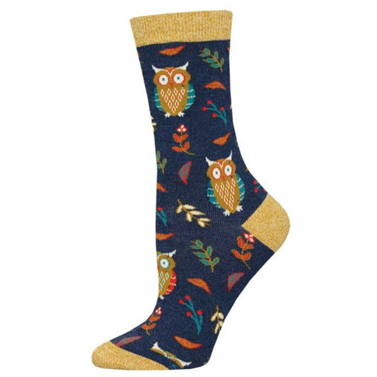 Cute hoot sock navy blue crew sock with owl print