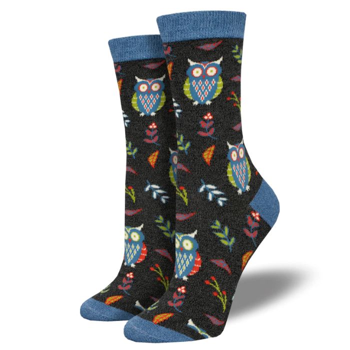 Cute hoot socks a pair of charcoal grey crew socks with owl and plant print