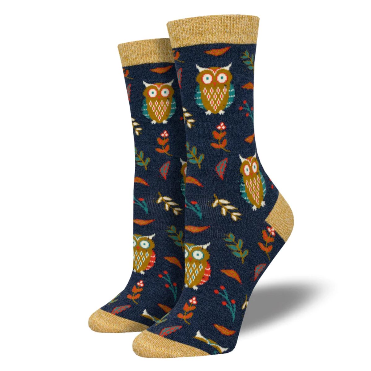 Cute hoot socks a pair of navy blue crew socks with owl and plant print