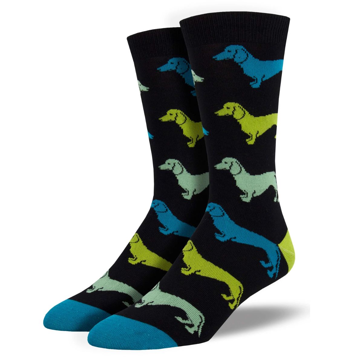 Dachshund socks a pair of black crew socks with blue and green dachshund dog print