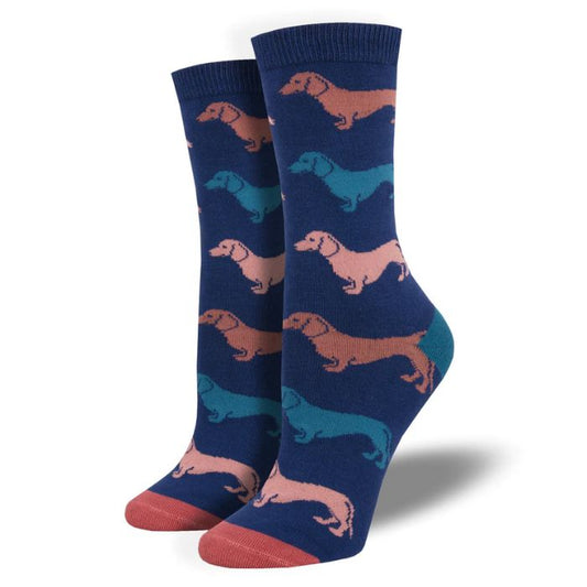 Dachshund socks a pair of blue crew socks with colorful dachshund dog print