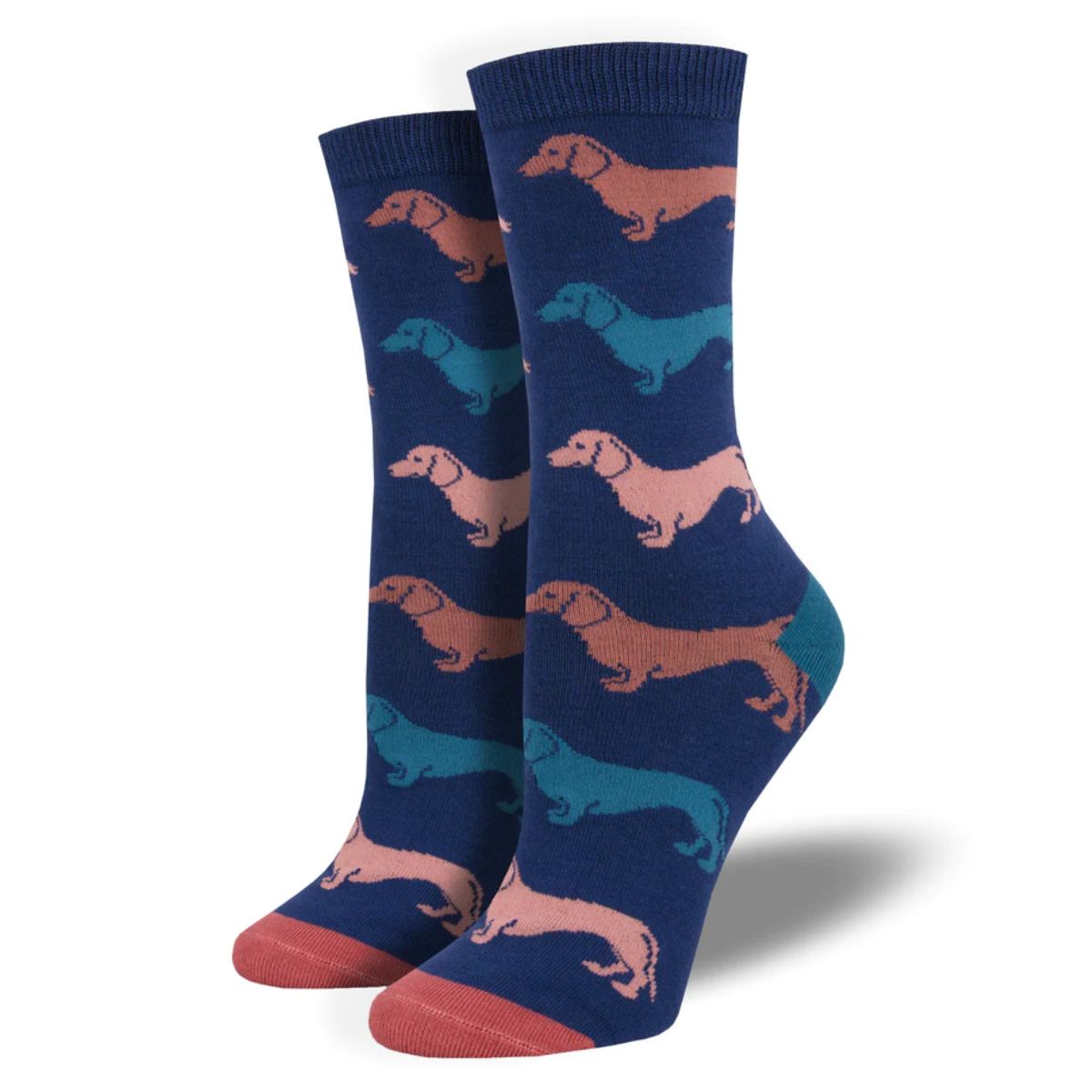 Dachshund socks a pair of blue crew socks with pink and blue dachshund dog print