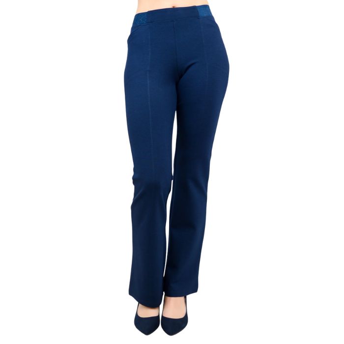 bottom of female model wearing indigo blue daya pants petite front view on white background