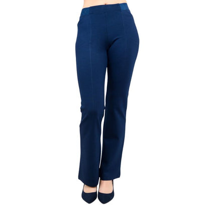bottom of female model wearing indigo blue daya pants petite front view on white background