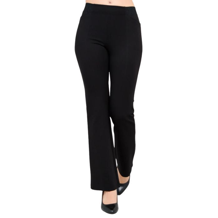 bottom of female model wearing back daya pants tall front view on white background