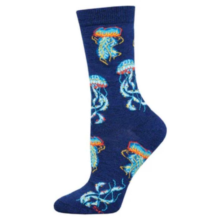 Deep sea jellies sock blue sock with jellyfish print. 