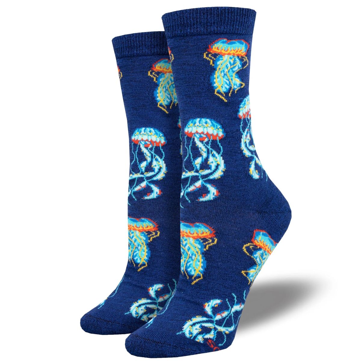 Deep sea jellies socks a pair of blue socks with jellyfish print. 