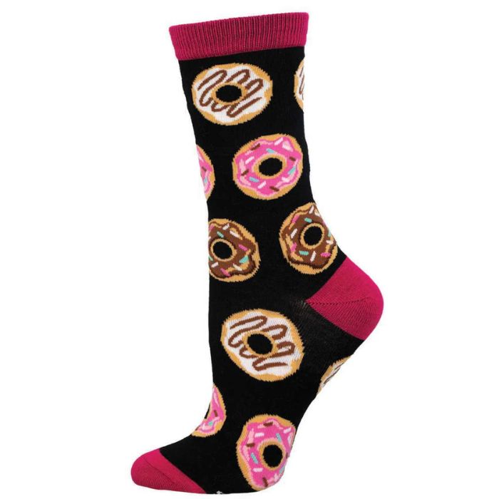 black crew sock with colourful donut print