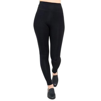 bottom of female model wearing dixie black fleece leggings front view on white background