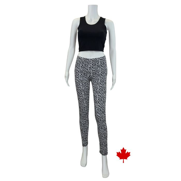 Elle full length leggings black and white leopard print full body front view of leggings on mannequin