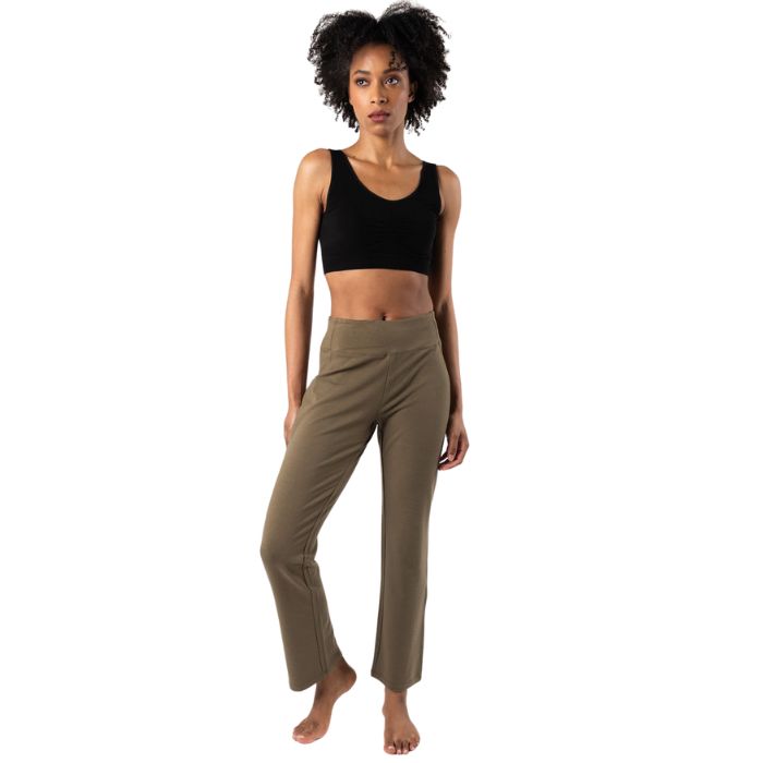 deep olive green emory pants full body front view on model