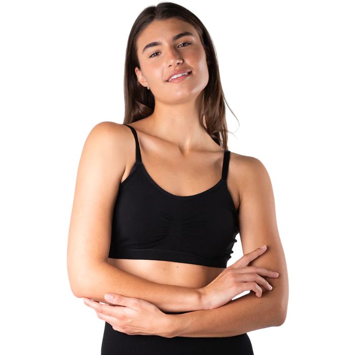 essential adjustable bralette black front view of top on model