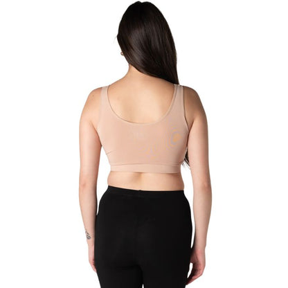 female model wearing beige brown essential bralette back view on white background