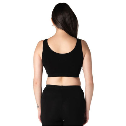 female model wearing black essential bralette back view on white background