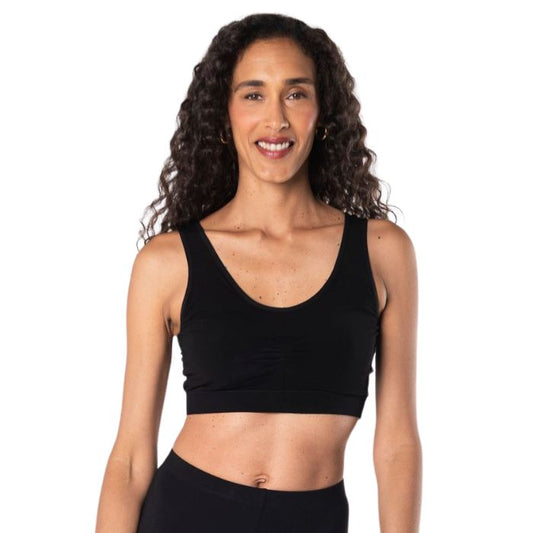 essential bralette black front view of top on model