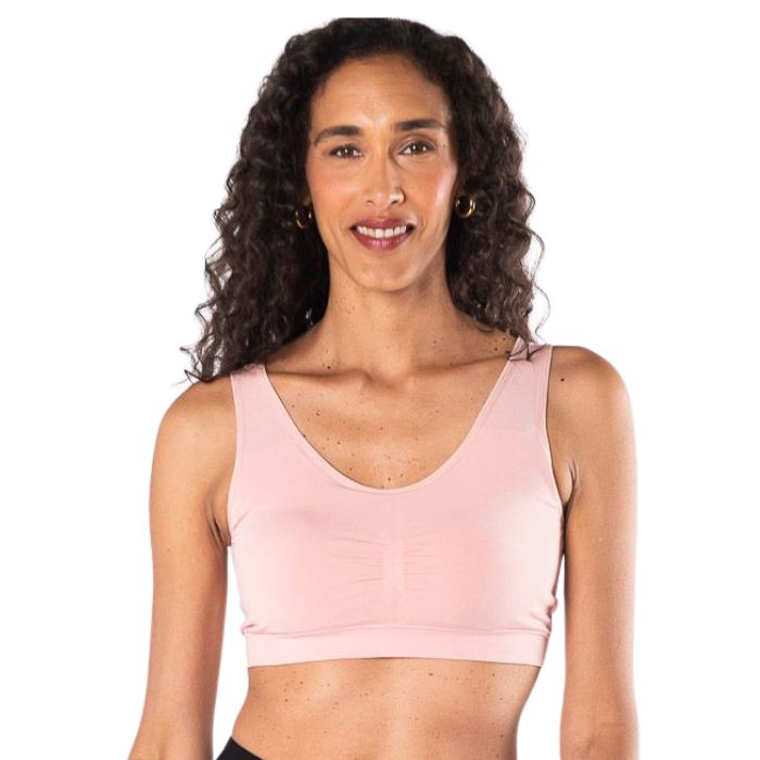 essential bralette pink front view of top on model