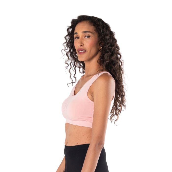 essential bralette pink side view of top on model
