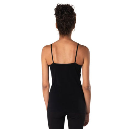 essential cami camisole tank top black back view of top on model