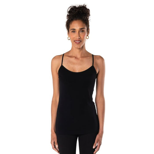 essential cami camisole tank top black front view of top on model