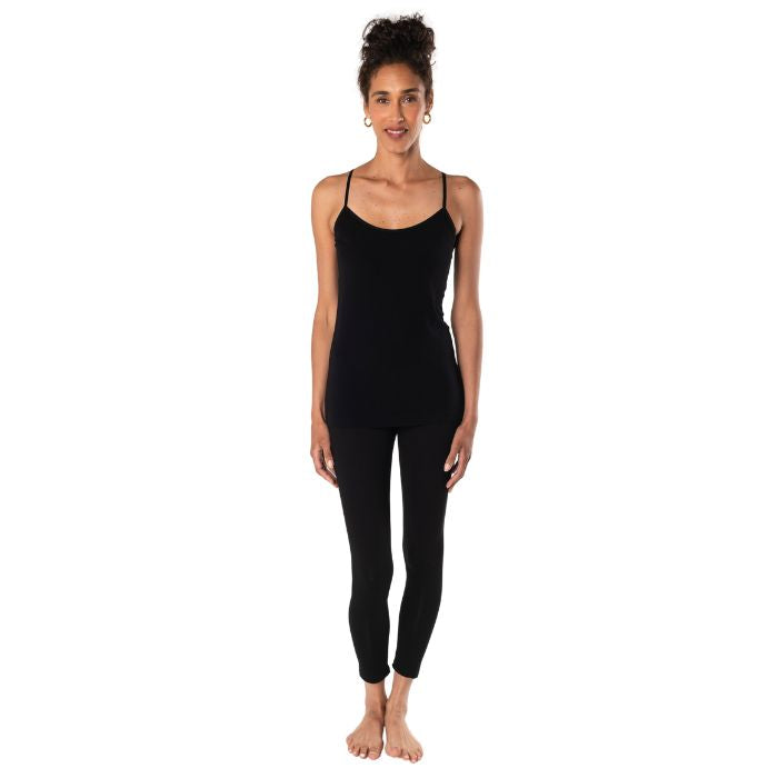 essential cami camisole tank top black full body front view on model