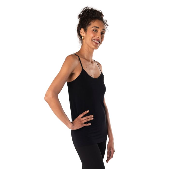 essential cami camisole tank top black side view of top on model
